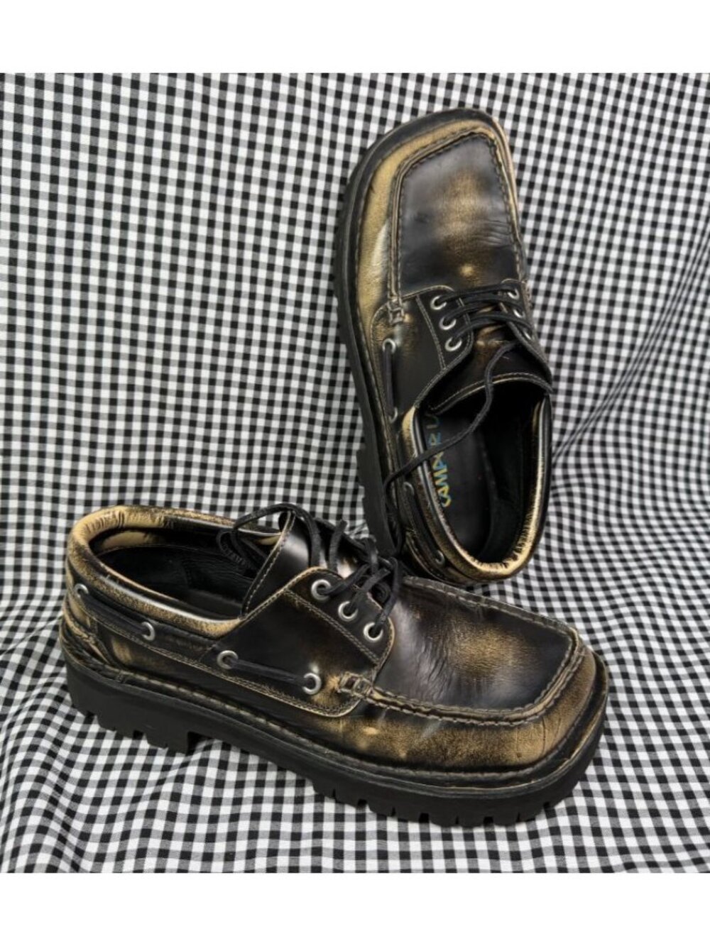 Camper Lab Eki Loafer Mens 9 EU 42 Black Tan Rub Off Leather Lug Boat Shoes